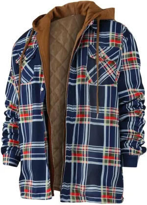 Ymosrh Men's Shirt Jackets Hooded Shirt Jacket Plaid Quilted Lined Long Sleeve Fall Winter Coat Button Shirts, M-5XL